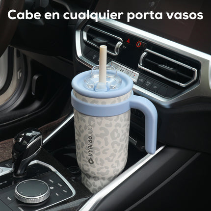 VyblooJug Leopardo Crema Taza de Acero Inoxidable con Tapa y Asa Para uso en Vehículos