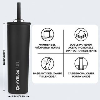 VYBLOOJUG Termo de Doble Pared de Acero Inoxidable con Popote Negro