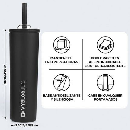 VYBLOOJUG Termo de Doble Pared de Acero Inoxidable con Popote Negro