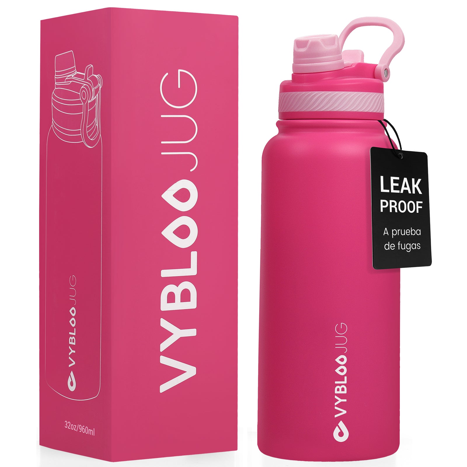 VYBLOOJUG Vaso térmico con tapa hermética para deporte y viajes Fucsia