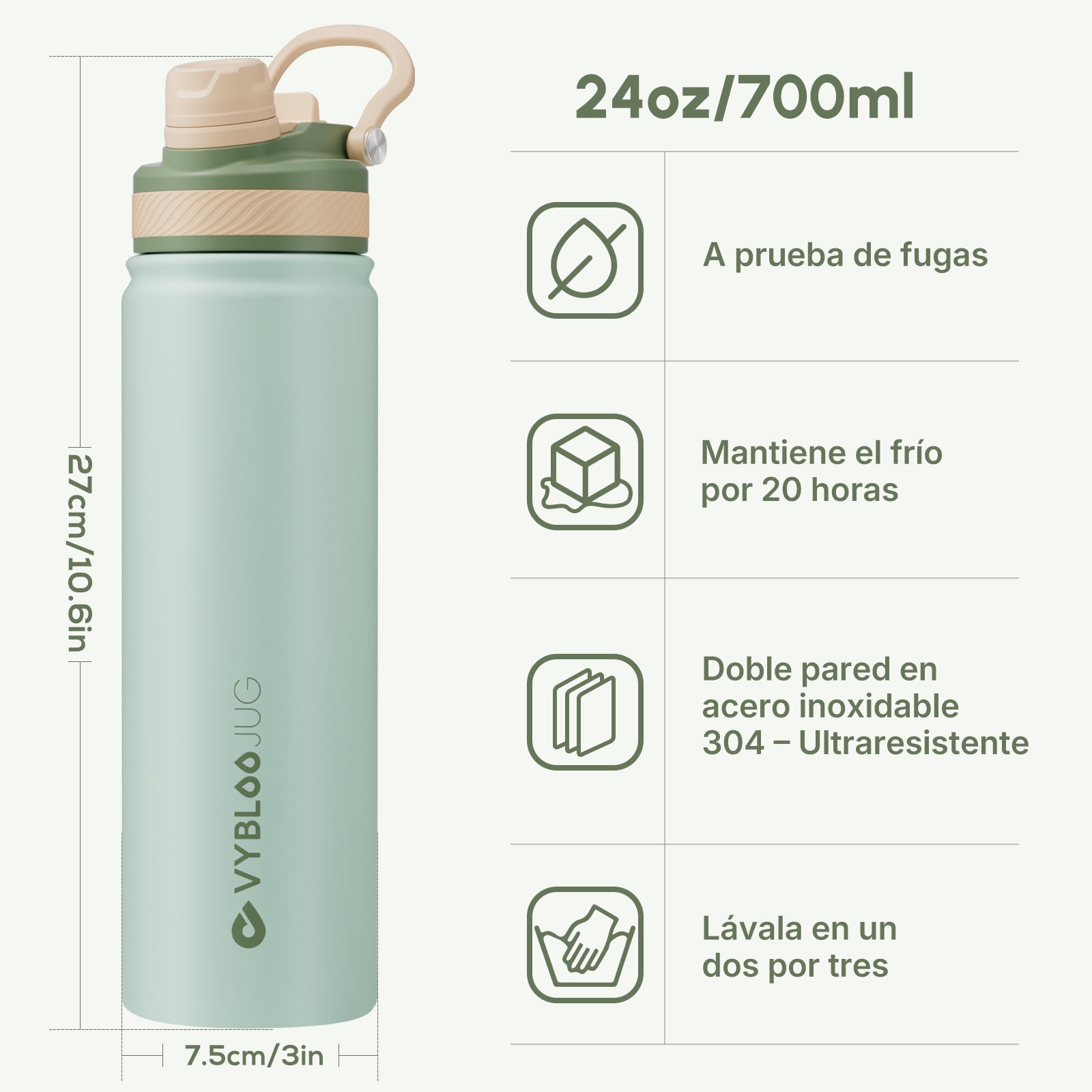 VyblooJug Mint Verde Vaso Térmico de Doble Boquilla | 24oz