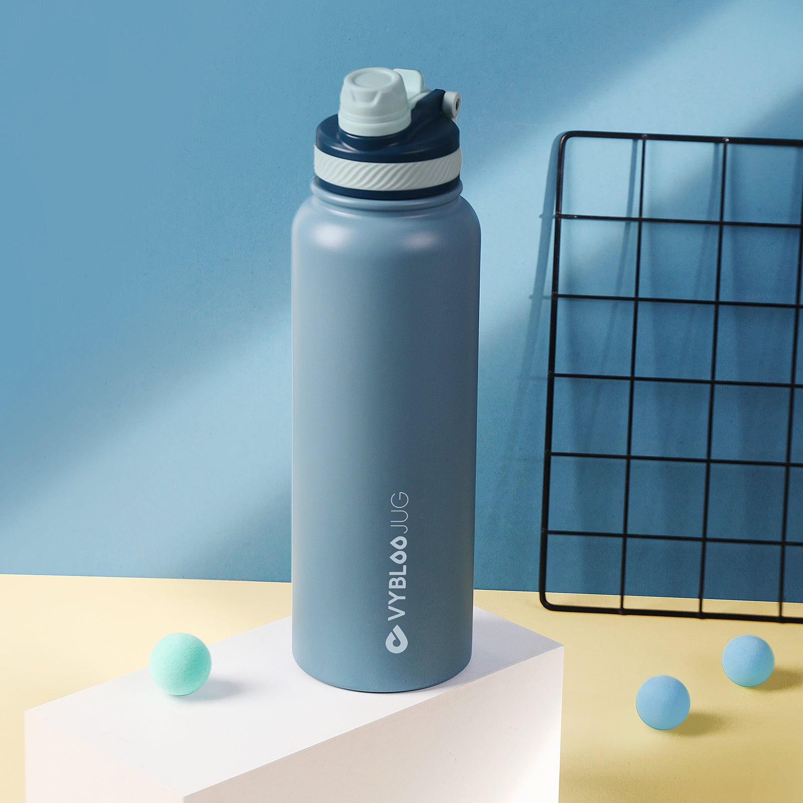 VYBLOOJUG Botella Térmica para Café o Agua Fría con Popote Azul