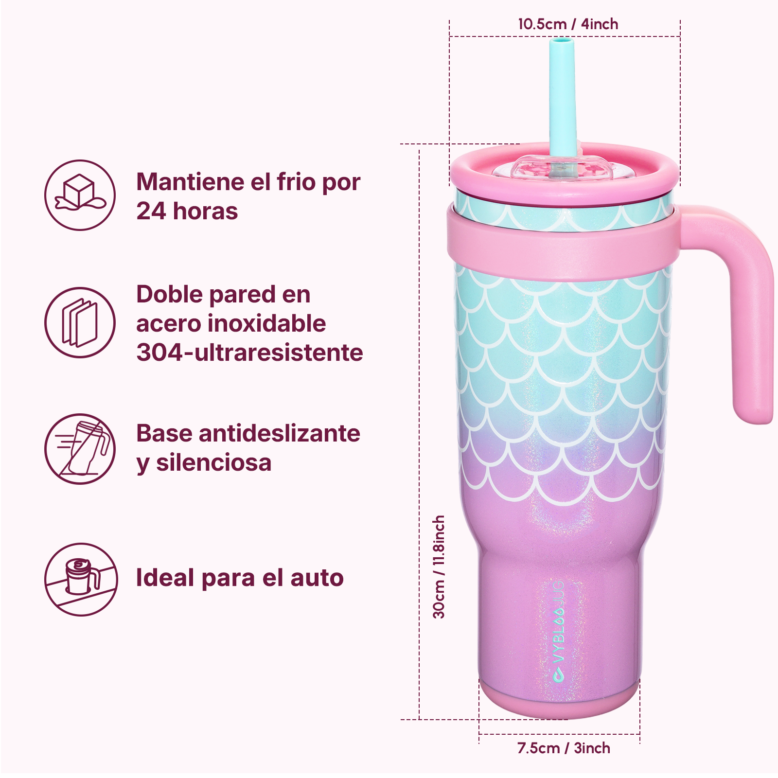 Especificaciones de la taza VyblooJug 40oz con tamaño 30cm