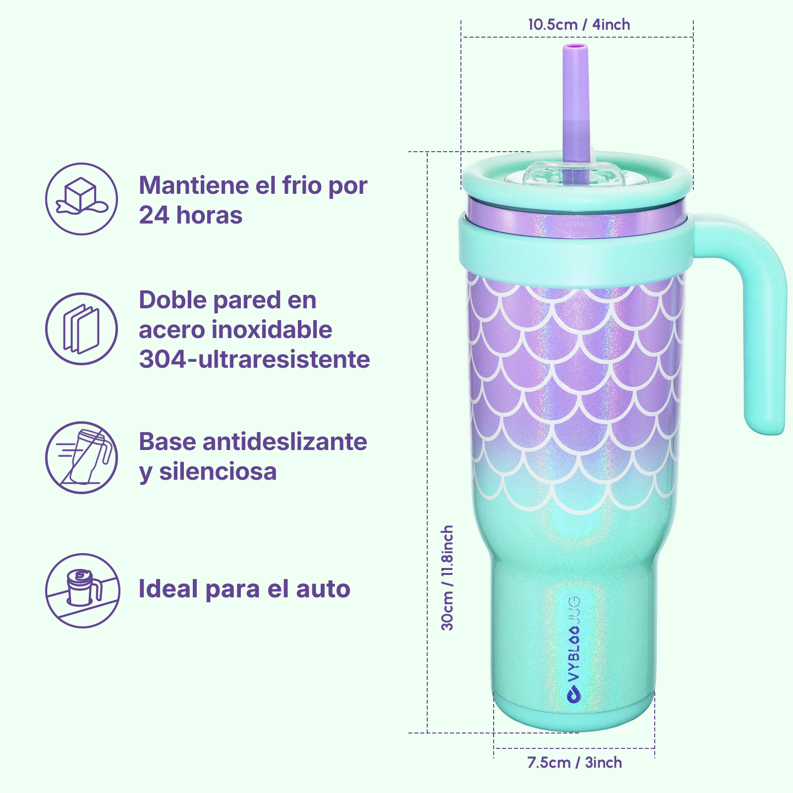 Especificaciones de la taza térmica VyblooJug 40oz 30cm