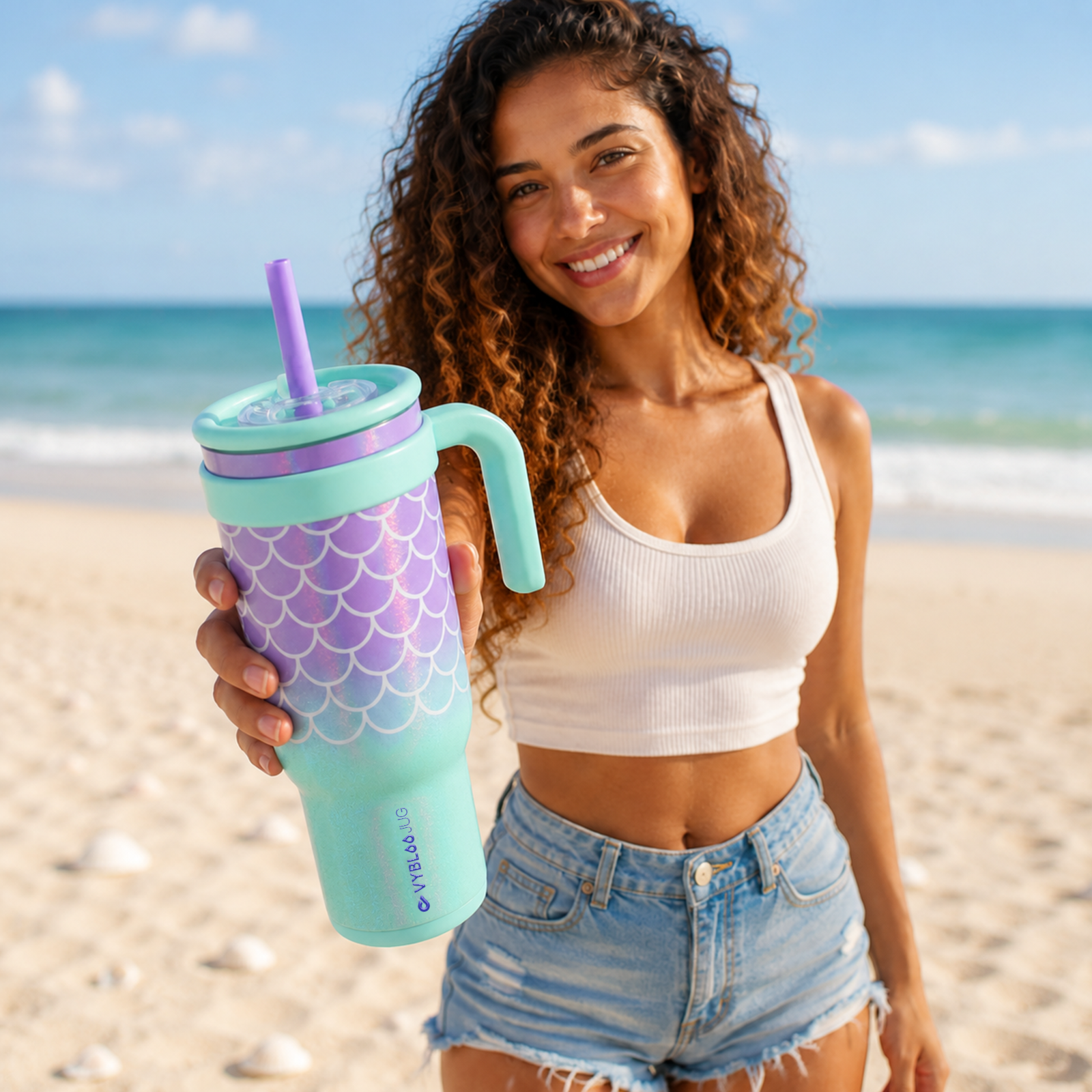 Mujer en playa sosteniendo la taza térmica VyblooJug marea azul