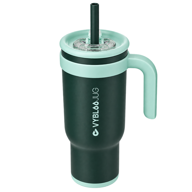 VyblooJug Caviar Salvia Taza Térmica Para Auto 40oz - vista principal en color verde caviar con tapa, asa y base color salvia claro