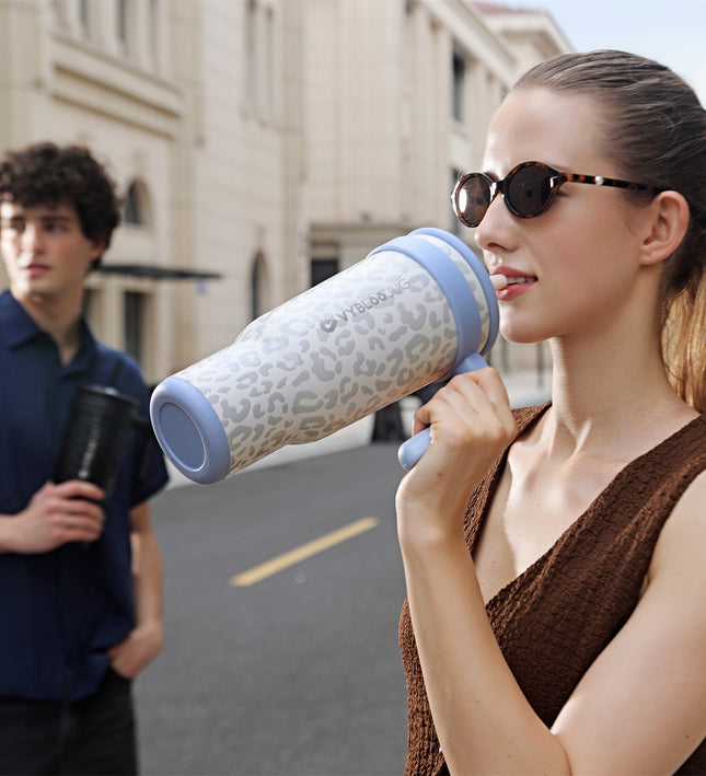 VyblooJug Vaso Acero Inoxidable Taza Para Auto Con Mango Leopardo Crema
